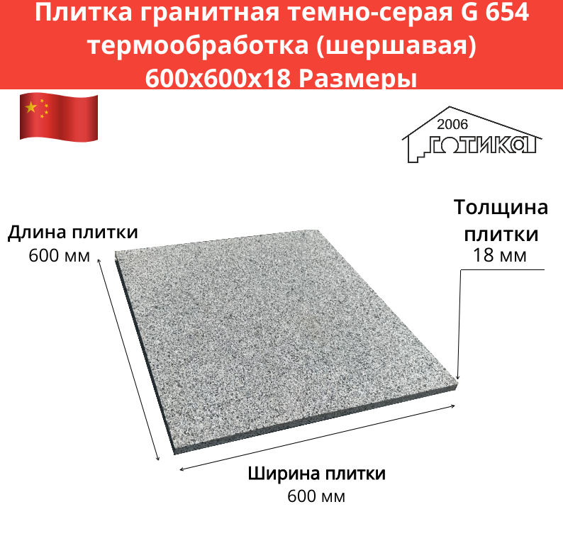 Плитка гранитная темно-серая G 654 термообработка 600х600х18 Размеры