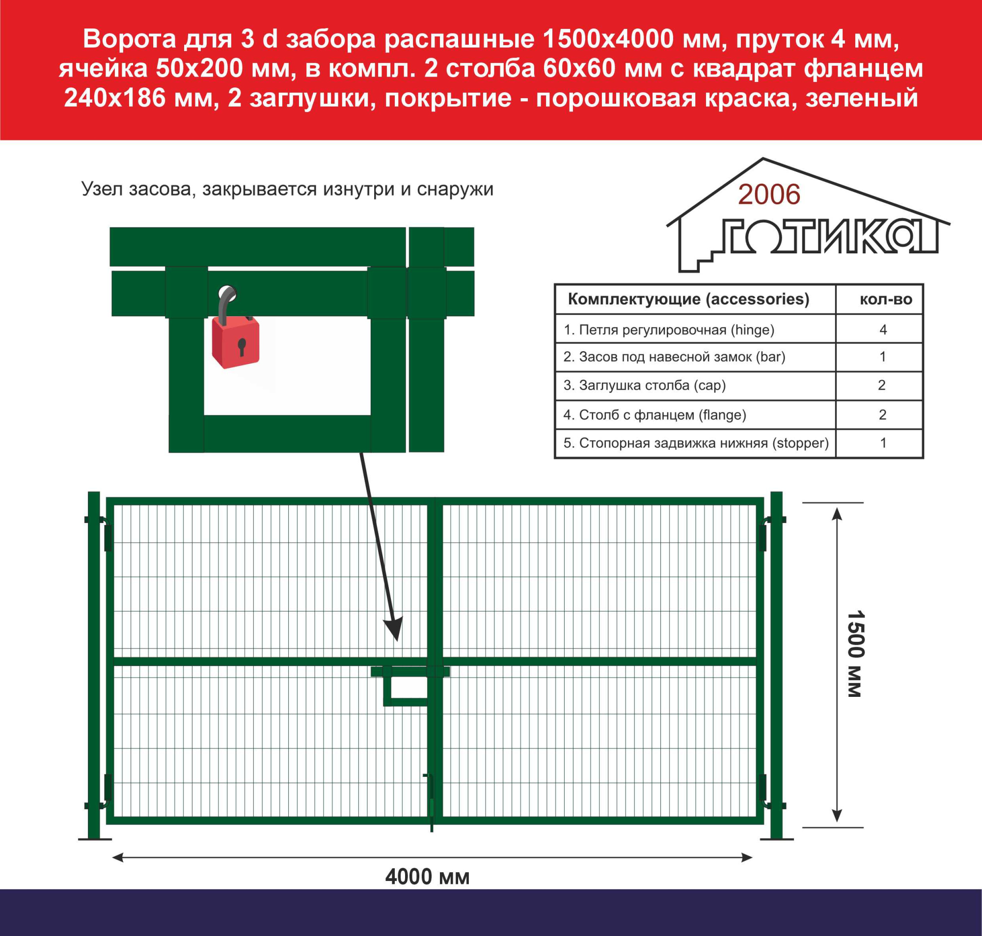 1500х4000 мм, узел засова, поперечная жесткость