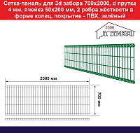 Сетка для 3д забора - перила 700х2000 диаметр прутка 4 мм, покрытие – ПВХ, зеленый, RAL 6005 