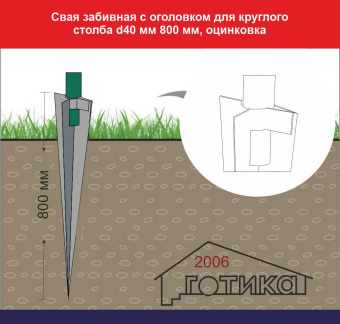 Свая забивная с оголовком для круглого столба d40 мм 800 мм, оцинковка