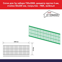 Сетка панель для 3д забора - перила 700х2000 диаметр прутка 4 мм зеленый